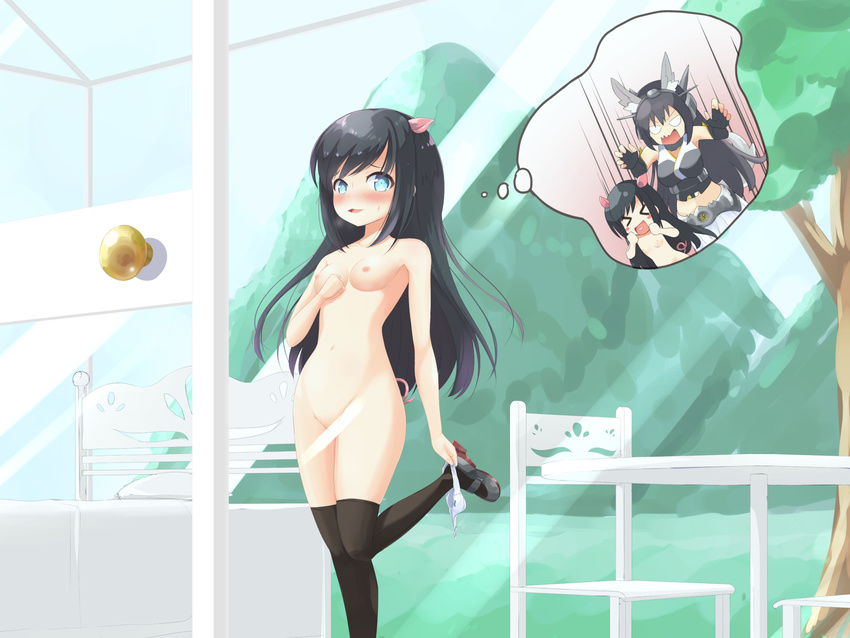 &gt;_&lt; animal_ears asashio_(kantai_collection) bed black_hair blue_eyes blush bow bow_panties breasts chair commentary_request convenient_censoring door elbow_gloves exhibitionism female_pervert fingerless_gloves glass_door glass_wall gloves groin hand_on_own_chest heart highres imagining kantai_collection leg_lift long_hair midriff multiple_girls nagato_(kantai_collection) navel nipples nude open_mouth panties panty_pull pervert pig_ears pig_tail pillow pulled_by_self shirt shoes skirt sleeveless sleeveless_shirt small_breasts smile table tail tenjou_ryuka thighhighs thought_bubble three_little_pigs underwear undressing white_panties window wolf_ears wolf_tail you_gonna_get_raped yuri