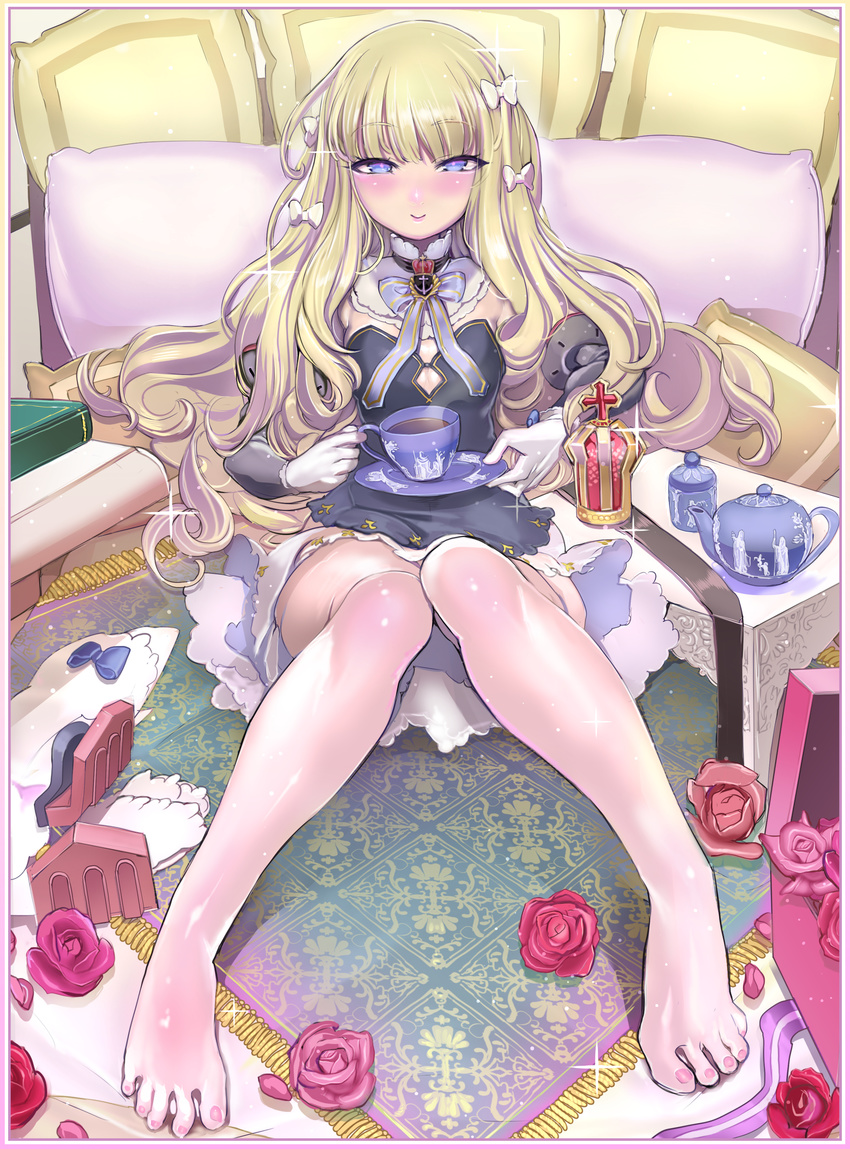 absurdres azur_lane bare_legs barefoot blonde_hair blue_eyes blush bow breasts cleavage closed_mouth crown crown_removed cup dress eyebrows eyebrows_visible_through_hair feet flat_chest flower gloves hair_bow highres knees_together_feet_apart lips long_hair looking_at_viewer mini_crown nail_polish pillow pink_nails pink_pupils pinkjoe queen_elizabeth_(azur_lane) rose saucer sitting smile solo tea teacup teapot toenails toes white_bow white_gloves