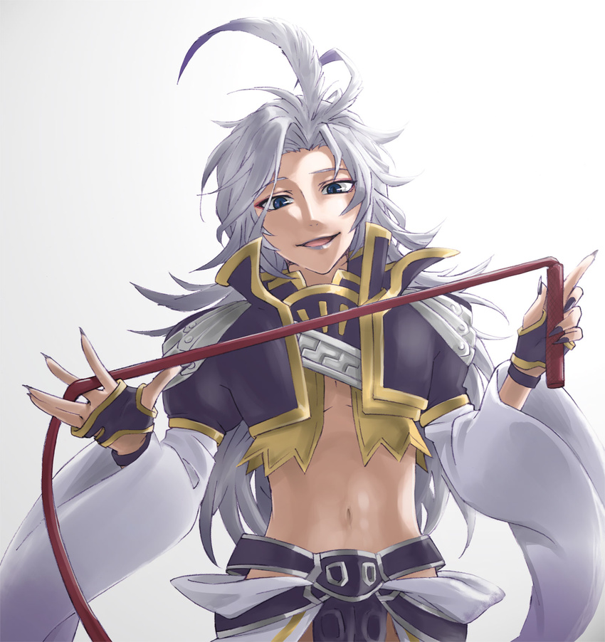 :d androgynous blue_eyes eyeliner feathers final_fantasy final_fantasy_ix fingerless_gloves fingernails gloves hair_feathers highres kokonotsu_(popoxxx0516) kuja lipstick long_hair looking_at_viewer makeup male_focus midriff navel open_mouth sharp_fingernails silver_hair simple_background slit_pupils smile solo whip wide_sleeves