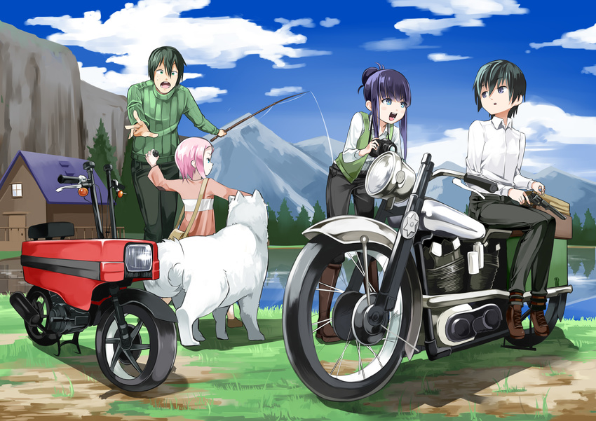 belt blue_eyes camera cloud commentary_request day dog explosive fishing_rod grenade ground_vehicle gun hair_bun hermes highres jindai3663 kino kino_no_tabi lake motocompo motor_vehicle motorcycle mountain photo_(kino_no_tabi) pocket riku_(kino_no_tabi) shizu sidelocks sidesaddle sou_(kino_no_tabi) tea_(kino_no_tabi) tree vest weapon