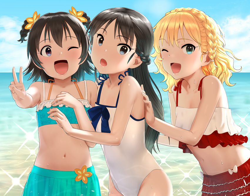 ;d akagi_miria bangs beach bikini black_hair blonde_hair blue_eyes blue_sky bow braid brown_eyes cloud collarbone crown_braid day eyebrows_visible_through_hair flat_chest flower frilled_bikini frills hair_flower hair_ornament idolmaster idolmaster_cinderella_girls long_hair looking_at_viewer multiple_girls navel ocean one_eye_closed open_mouth outdoors paid_reward patreon_reward pettan_p red_bikini sakurai_momoka short_hair sky smile spark standing swimsuit tachibana_arisu v water wet white_bow white_swimsuit