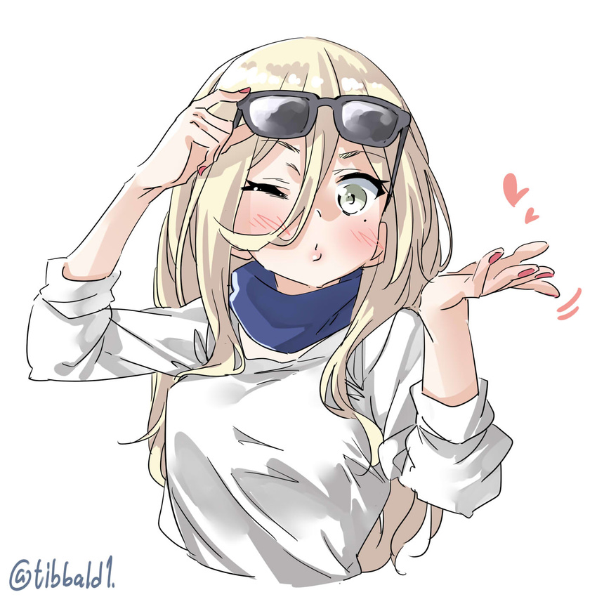 arm_up bangs blonde_hair blown_kiss blush ebifurya eyebrows_visible_through_hair eyewear_on_head grey_eyes hair_between_eyes hand_on_eyewear heart highres kantai_collection long_hair looking_at_viewer mole mole_under_eye nail_polish o3o one_eye_closed richelieu_(kantai_collection) sidelocks simple_background solo sunglasses twitter_username upper_body white_background