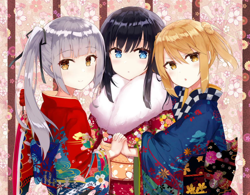 3girls alternate_costume asashio_(kantai_collection) bangs black_hair black_ribbon blue_eyes blush brown_eyes closed_mouth commentary double_bun eyebrows_visible_through_hair floral_background floral_print food fur_collar grabbing_another's_hand hair_between_eyes hair_bun hair_flaps hair_ribbon japanese_clothes kantai_collection kasumi_(kantai_collection) kimono light_brown_hair long_hair looking_at_viewer michishio_(kantai_collection) multiple_girls obi open_mouth ribbon sash short_hair short_twintails side_ponytail silver_hair smile twintails wide_sleeves yellow_eyes zhiyou_ruozhe