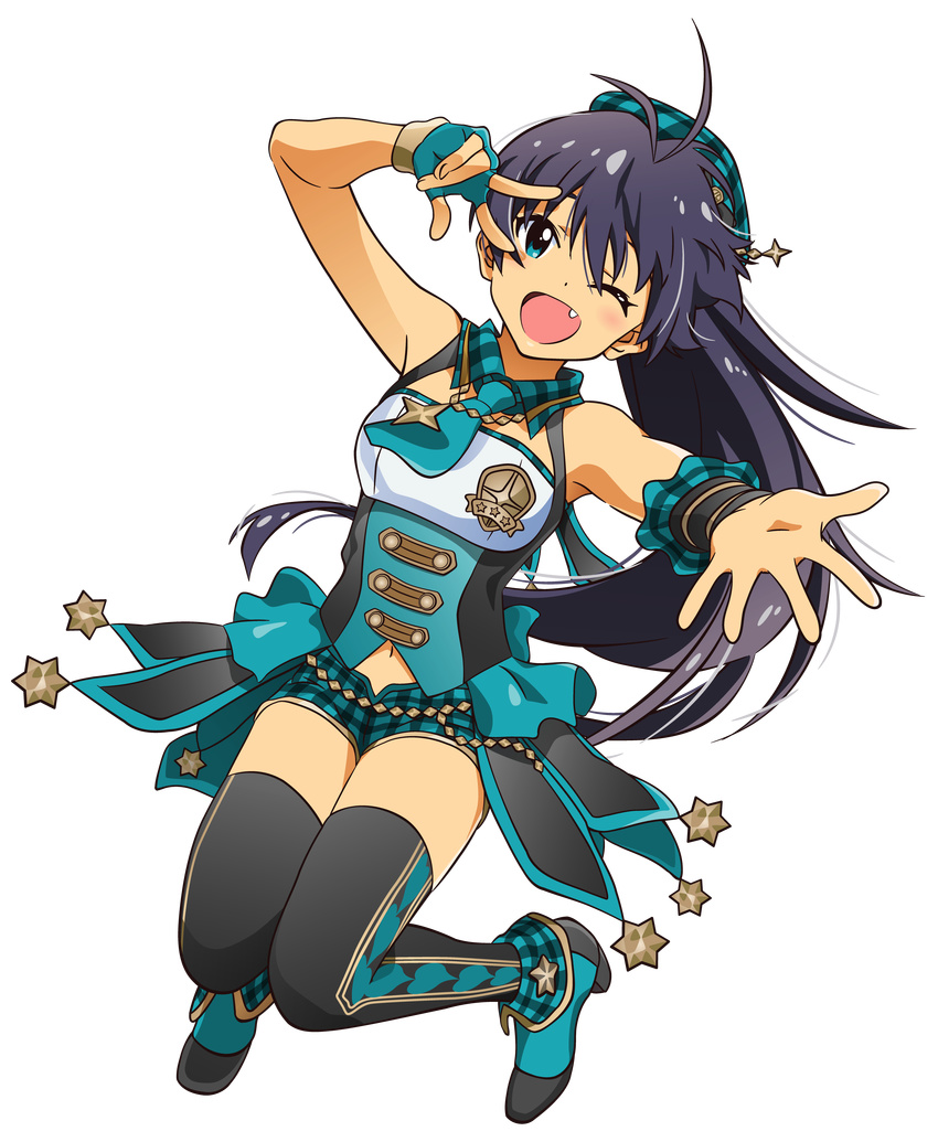 ;d absurdres akizuki_ritchan antenna_hair asymmetrical_gloves black_hair black_legwear blue_eyes blue_gloves blue_neckwear blue_shorts derivative_work fan fingerless_gloves floating_hair full_body ganaha_hibiki gloves highres idolmaster idolmaster_(classic) idolmaster_platinum_stars long_hair navel necktie one_eye_closed open_mouth short_shorts shorts single_glove smile solo sparkle thighhighs transparent_background very_long_hair wrist_cuffs