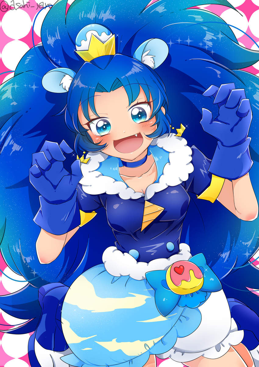 :d absurdres animal_ears asahi_yayo blue_bow blue_eyes blue_gloves blue_hair blue_neckwear blue_shirt blue_skirt blush bow choker cowboy_shot crown cure_gelato earrings extra_ears gloves highres jewelry kirakira_precure_a_la_mode layered_skirt lion_ears long_hair looking_at_viewer magical_girl mini_crown open_mouth pink_background polka_dot polka_dot_background precure shirt skirt smile solo tategami_aoi twitter_username white_skirt