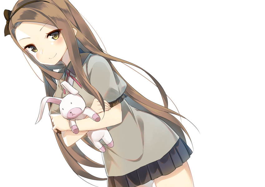 black_skirt blush bow brown_bow brown_eyes brown_hair brown_hairband cowboy_shot eyebrows_visible_through_hair hair_bow hairband highres idolmaster idolmaster_(classic) jun_project long_hair looking_at_viewer minase_iori miniskirt neck_ribbon pleated_skirt red_ribbon ribbon short_sleeves skirt smile solo standing transparent_background very_long_hair