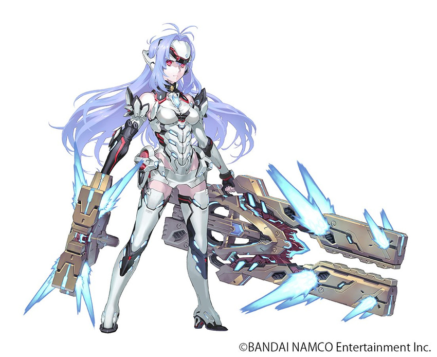 ahoge android armor armored_boots armored_leotard bare_shoulders black_sleeves blue_hair boots breasts commentary_request copyright_name dual_wielding elbow_gloves expressionless fingerless_gloves floating_hair forehead_protector full_body gloves glowing_crystal gun high_heel_boots high_heels holding kos-mos kos-mos_re: leotard light_blue_hair long_hair looking_at_viewer mismatched_sleeves official_art railgun red_eyes shiny shiny_hair sidelocks small_breasts solo spoilers tanaka_kunihiko thigh_boots thighhighs thighs underboob very_long_hair weapon white_armor white_footwear white_leotard xenoblade_(series) xenoblade_2