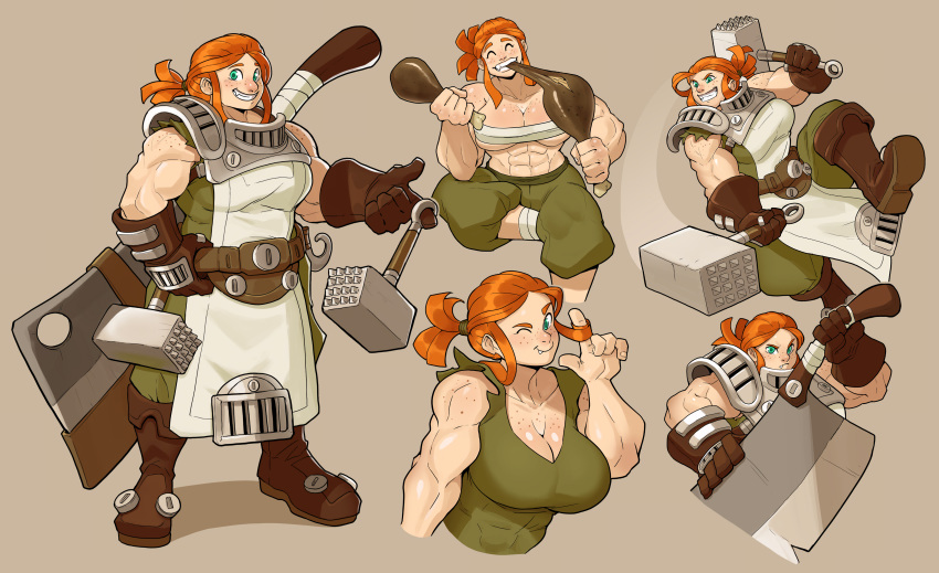 1girl abs axe bare_shoulders boots breasts chris-ceehaz cleavage female food freckles gloves green_eyes hammer large_breasts meat muscle muscular_female orange_hair solo weapon