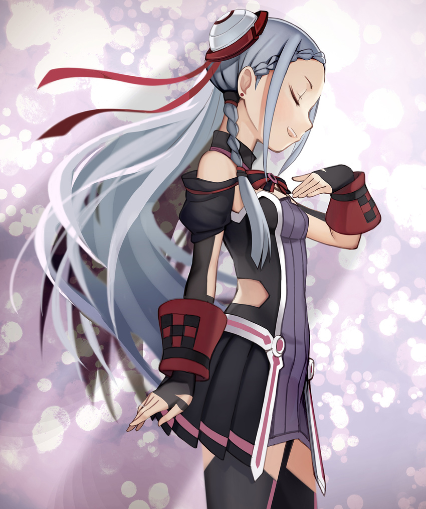 black_legwear breasts closed_eyes cowboy_shot detached_sleeves dress floating_hair hair_bun hair_ribbon highres kari_kenji long_hair neck_ribbon open_mouth purple_dress red_ribbon ribbon short_dress silver_hair small_breasts smile solo standing striped striped_ribbon sword_art_online sword_art_online_the_movie:_ordinal_scale thighhighs very_long_hair yuna_(sao)