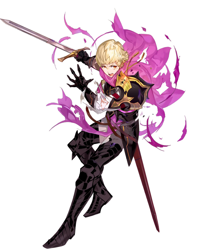 arai_teruko armor armored_boots blonde_hair boots cape fire_emblem fire_emblem_heroes fire_emblem_if full_body gloves highres injury male_focus official_art open_mouth orange_eyes siegbert_(fire_emblem_if) solo sword teeth torn_clothes transparent_background weapon