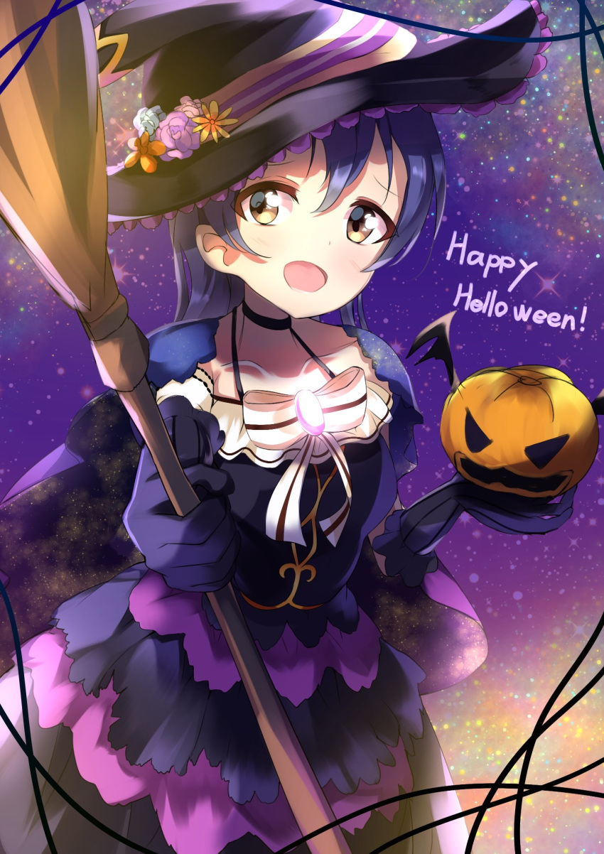 1girl bangs blue_hair blush broom cape choker collarbone commentary_request cowboy_shot eyebrows_visible_through_hair gloves hair_between_eyes halloween halloween_costume hat highres holding jack-o'-lantern long_hair looking_at_viewer love_live! love_live!_school_idol_project night pumpkin ribbon smile sonoda_umi witch witch_hat yellow_eyes