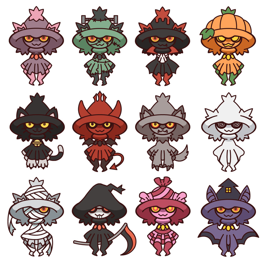 animal_ears bandage costume ghost glasses halloween hood horns kuuneru mismagius mummy nintendo no_humans pokemon pokemon_(creature) pokemon_(game) pokemon_dppt pumpkin red_eyes scythe simple_background stitches tagme tail witch witch_hat yellow_eyes yellow_sclera