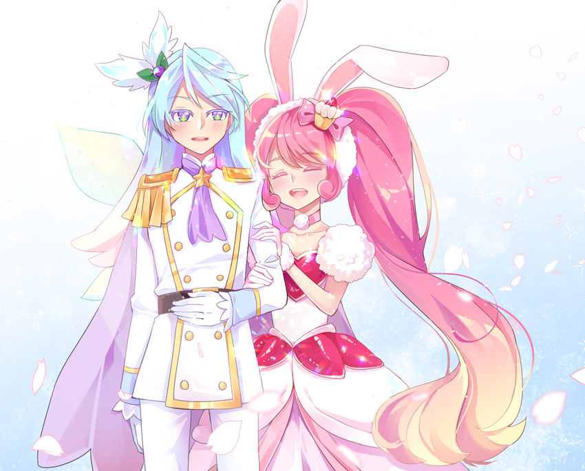1girl a_la_mode_style_(precure) animal_ears aqua_hair belt blush bow bunny_ears cake_hair_ornament cape choker closed_eyes colored_eyelashes cowboy_shot cravat cure_waffle cure_whip dress epaulettes food_themed_hair_ornament gloves green_eyes hair_bow hair_ornament highres kirakira_precure_a_la_mode long_hair magical_boy pants petals pikario_(precure) pink_bow pink_hair pink_neckwear precure purple_neckwear ronorono smile spoilers twintails usami_ichika white_dress white_gloves white_pants