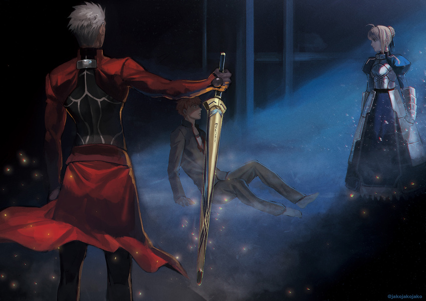 2boys ahoge archer are_you_my_master armor armored_dress artist_name artoria_pendragon_(all) avalon_(fate/stay_night) barefoot black_pants blonde_hair blue_dress blue_ribbon brown_jacket brown_pants dress dust emiya_shirou excalibur eye_contact fate/stay_night fate_(series) gauntlets hair_ribbon holding holding_sword holding_weapon indoors jacket jakojakojako looking_at_another multiple_boys orange_hair pants ribbon saber short_hair sidelocks silver_hair sitting spiked_hair standing sword weapon