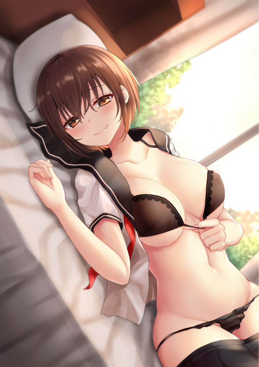 1girl bangs bed black_panties black_sailor_collar black_skirt blurry blurry_background blush bra breasts brown_bra brown_eyes brown_hair closed_mouth collarbone commentary_request day depth_of_field dutch_angle eyebrows_visible_through_hair fingernails groin hair_between_eyes hand_up highres large_breasts looking_at_viewer lying navel on_bed on_side open_clothes open_shirt original panties panty_pull pillow piripun pleated_skirt sailor_collar sailor_collar_lift school_uniform serafuku shirt short_sleeves skirt skirt_pull smile solo sunlight underwear white_shirt window