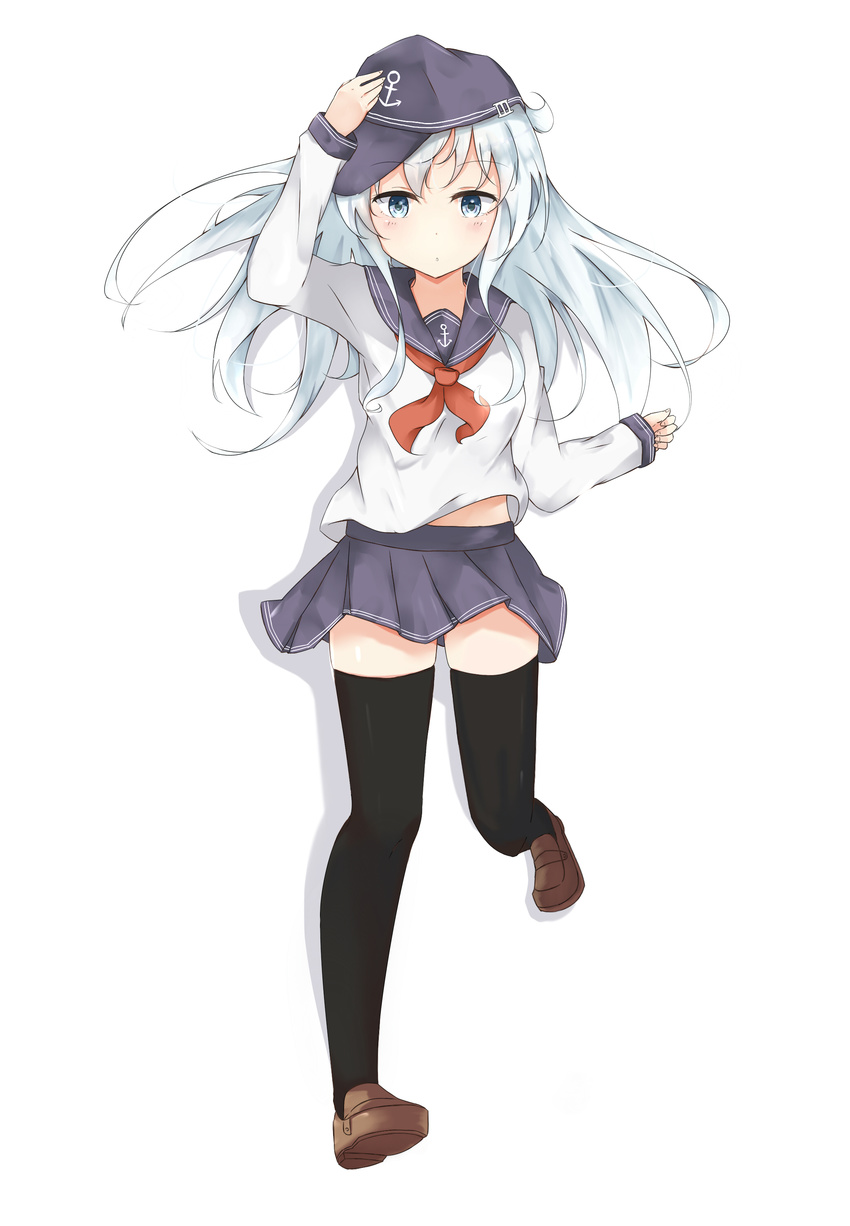 absurdres anchor_print artist_request black_legwear blue_eyes blush brown_footwear eyebrows_visible_through_hair flat_cap full_body grey_hat grey_skirt hair_between_eyes hand_on_headwear hat hibiki_(kantai_collection) highres kantai_collection leg_up looking_at_viewer miniskirt neckerchief pleated_skirt red_neckwear sakimoon shirt skirt solo standing standing_on_one_leg thighhighs white_shirt zettai_ryouiki