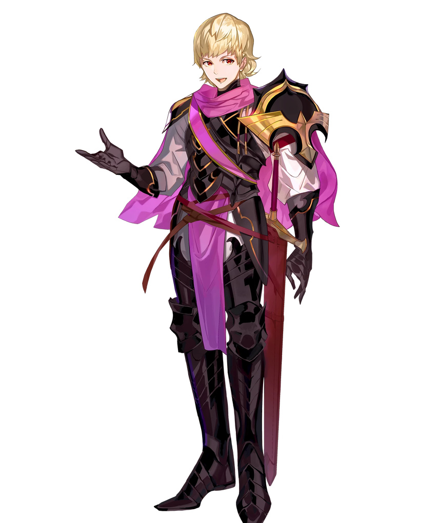 arai_teruko armor armored_boots blonde_hair boots cape fire_emblem fire_emblem_heroes fire_emblem_if full_body gloves highres male_focus official_art open_mouth red_eyes siegbert_(fire_emblem_if) solo sword teeth transparent_background weapon