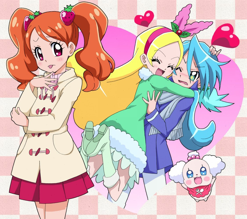 2girls :p blonde_hair blue_hair boots brother_and_sister brown_hair checkered checkered_background closed_eyes cowboy_shot creature fairy food_themed_hair_ornament green_eyes green_footwear hair_ornament hairband happy hug jacket kirahoshi_ciel kirakira_precure_a_la_mode knee_boots kuroki_rio long_hair masaru_(win800) multiple_girls open_mouth pants pekorin_(precure) pikario_(precure) pink_eyes pink_hairband pink_skirt precure scarf siblings skirt smile spoilers strawberry_hair_ornament tongue tongue_out twintails usami_ichika white_pants