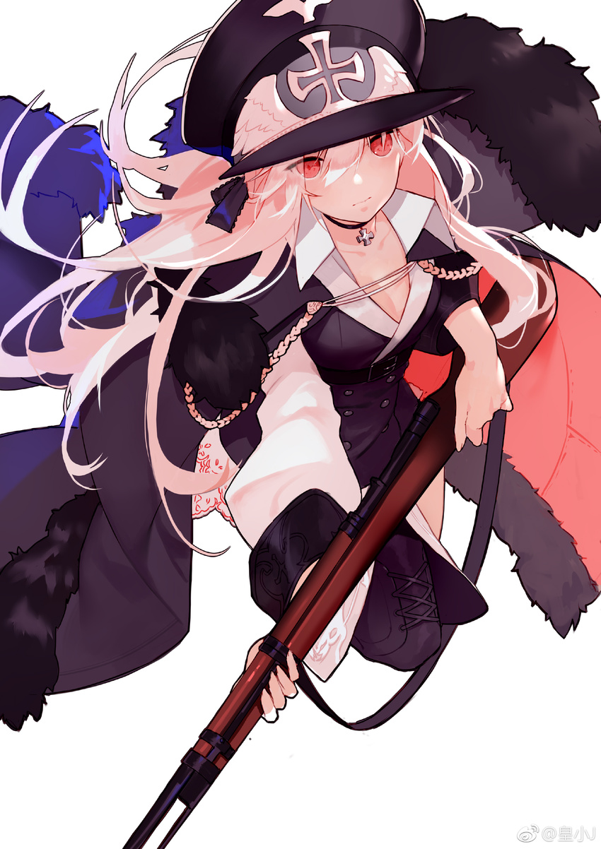absurdres artist_name black_choker black_legwear boots breasts choker cleavage closed_mouth cross-laced_footwear cross_choker from_above fur_trim girls_frontline gun hair_between_eyes hat highres iron_cross jacket_on_shoulders jewelry joseph_lee kar98k_(girls_frontline) lace-up_boots long_hair long_sleeves looking_at_viewer looking_up medium_breasts military_hat peaked_cap pendant pink_eyes rifle sidelocks silver_trim simple_background solo thigh_boots thighhighs watermark weapon weibo_logo weibo_username white_background white_hair
