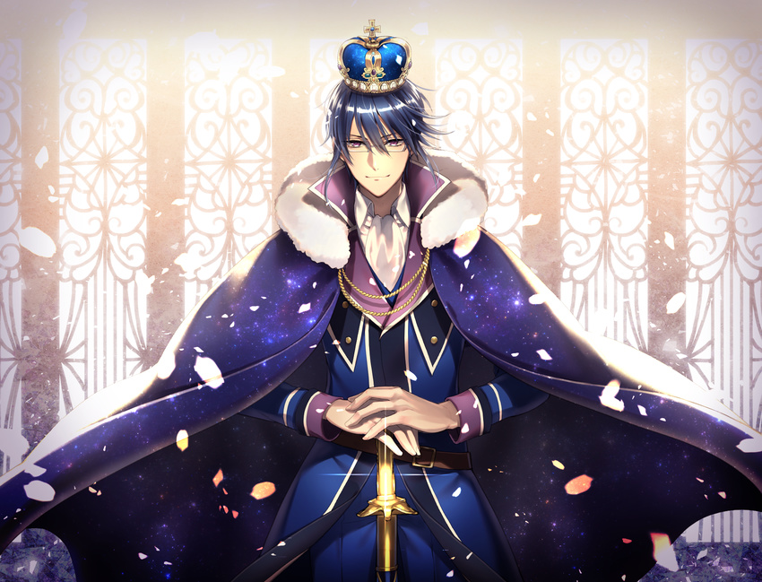 blue_cape blue_hair cape crown floating_hair fur_trim glasses hair_between_eyes highres k_(anime) male_focus munakata_reishi noes purple_eyes smile white_neckwear