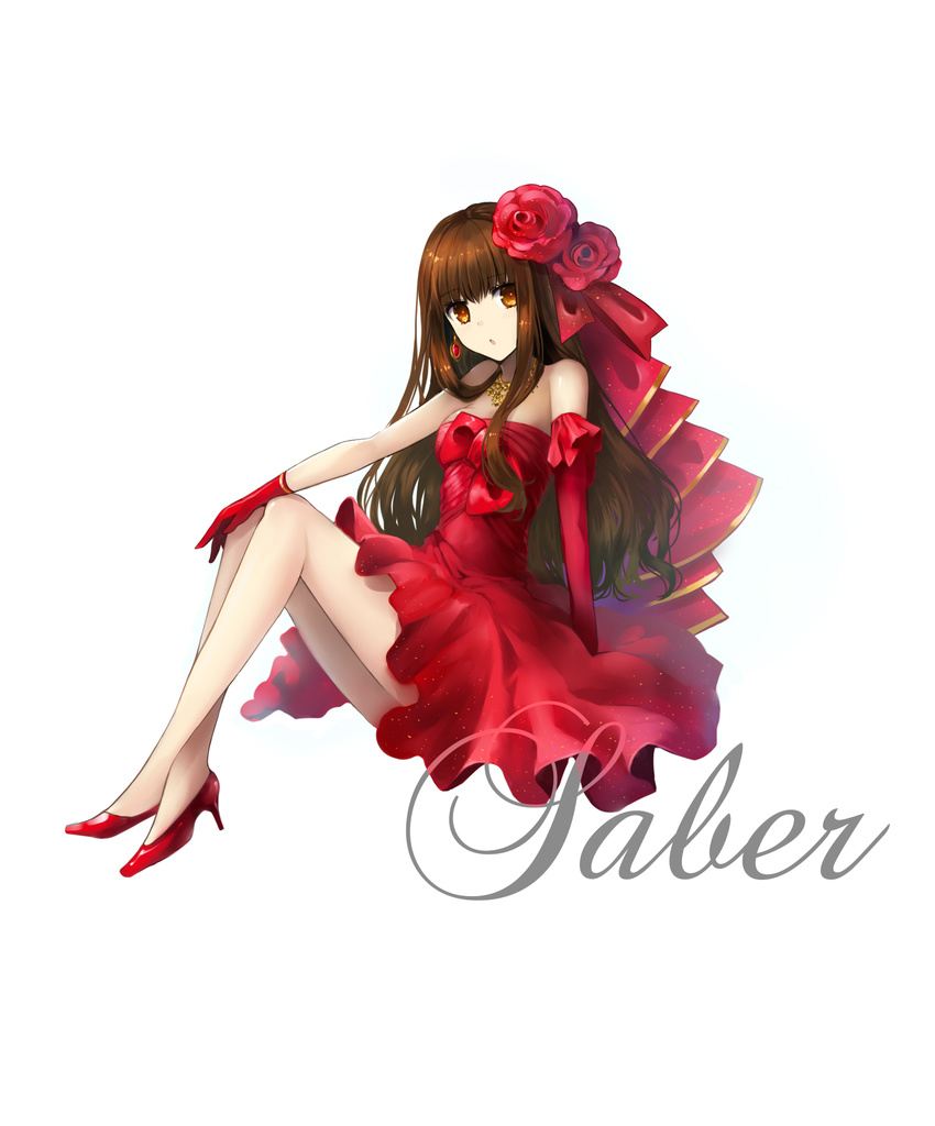asymmetrical_gloves brown_eyes brown_hair chakku_kanda dress earrings elbow_gloves eyebrows_visible_through_hair fate/extra fate_(series) flower full_body gloves hair_flower hair_ornament hair_ribbon high_heels highres invisible_chair jewelry kishinami_hakuno_(female) long_hair looking_at_viewer necklace open_mouth red_dress red_flower red_footwear red_gloves red_ribbon ribbon shiny shiny_skin simple_background sitting sleeveless sleeveless_dress solo strapless strapless_dress very_long_hair white_background