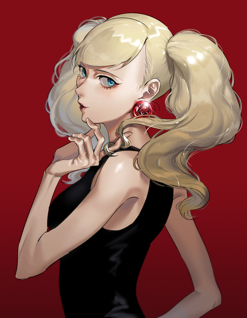 1girl big_hair blonde_hair blue_eyes breasts curly_hair earrings eyeliner jewelry lipstick looking_at_viewer makeup persona persona_5 red_background simple_background solo takamaki_anne tanktop thomas_on twintails upper_body
