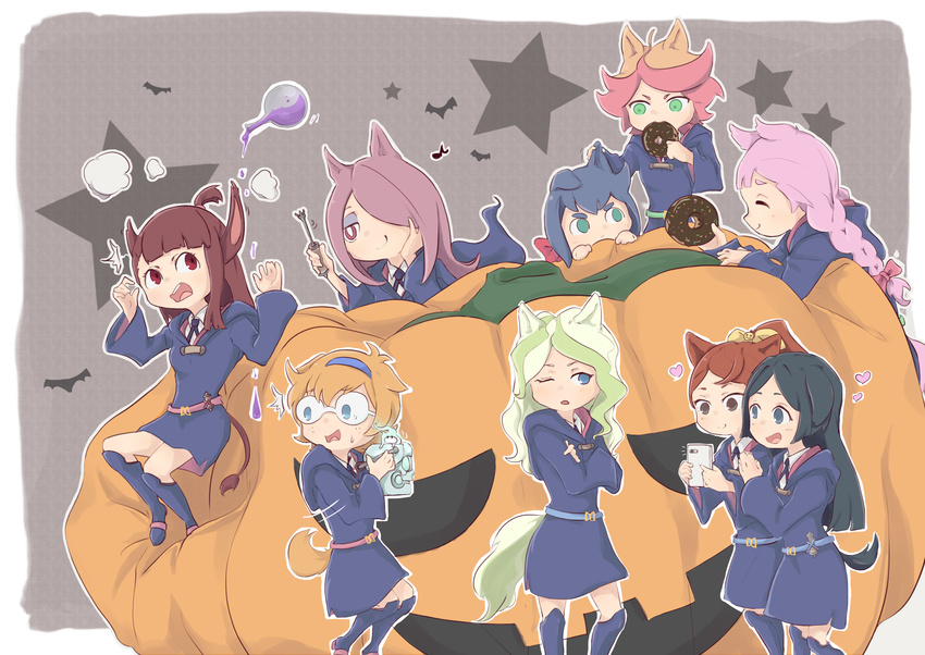 9girls amanda_o'neill animal_ears cat_ears chibi constanze_amalie_von_braunschbank-albrechtsberger diana_cavendish doughnut hair_over_one_eye highres jasminka_antonenko kagari_atsuko little_witch_academia long_hair lotte_jansson multiple_girls pumpkin sucy_manbavaran