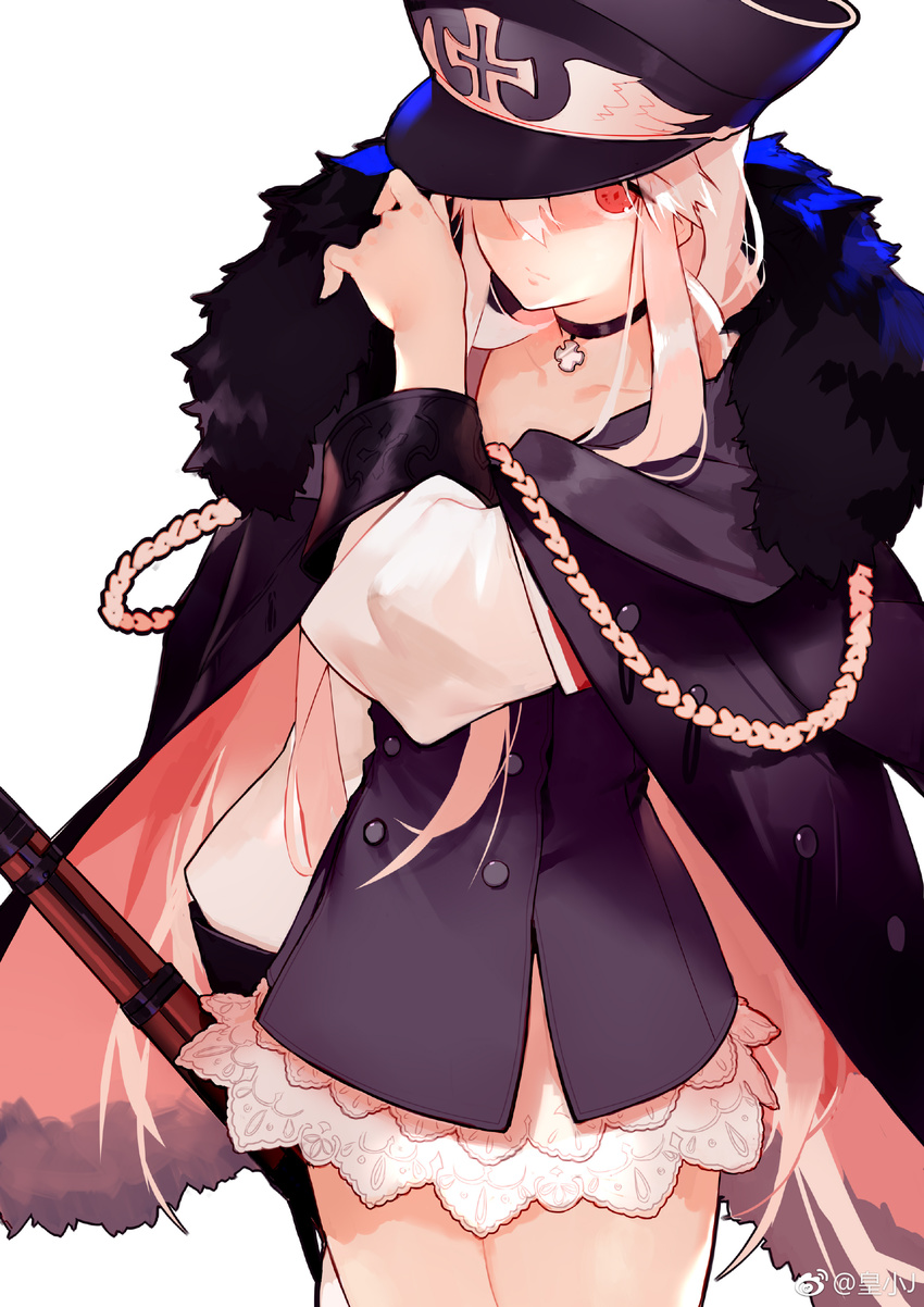 absurdres arm_up artist_name black_dress choker cowboy_shot dress fur_trim girls_frontline gun hair_between_eyes hand_on_headwear hat highres jacket_on_shoulders jewelry joseph_lee kar98k_(girls_frontline) long_hair long_sleeves looking_at_viewer military_hat peaked_cap pendant pink_eyes pink_hair rifle short_dress sidelocks simple_background solo very_long_hair watermark weapon weibo_logo weibo_username white_background