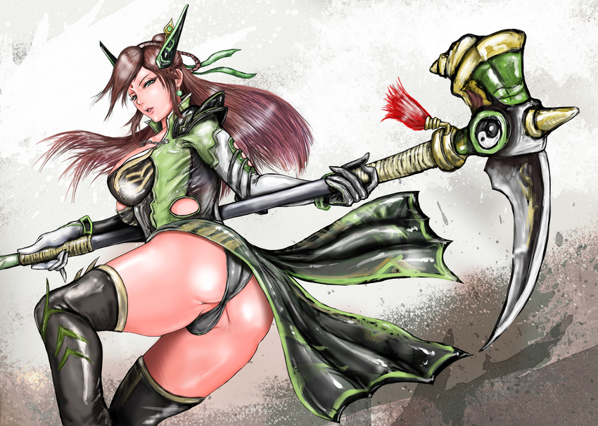 1girl alternate_costume artist_request ass black_panties breasts brown_hair coattails forehead_jewel gloves green_eyes hair_ornament hat headgear highres large_breasts long_hair looking_at_viewer scythe shin_sangoku_musou shiny shiny_clothes shiny_hair shiny_skin sideboob solo thick_thighs thighhighs weapon white_gloves yue_ying