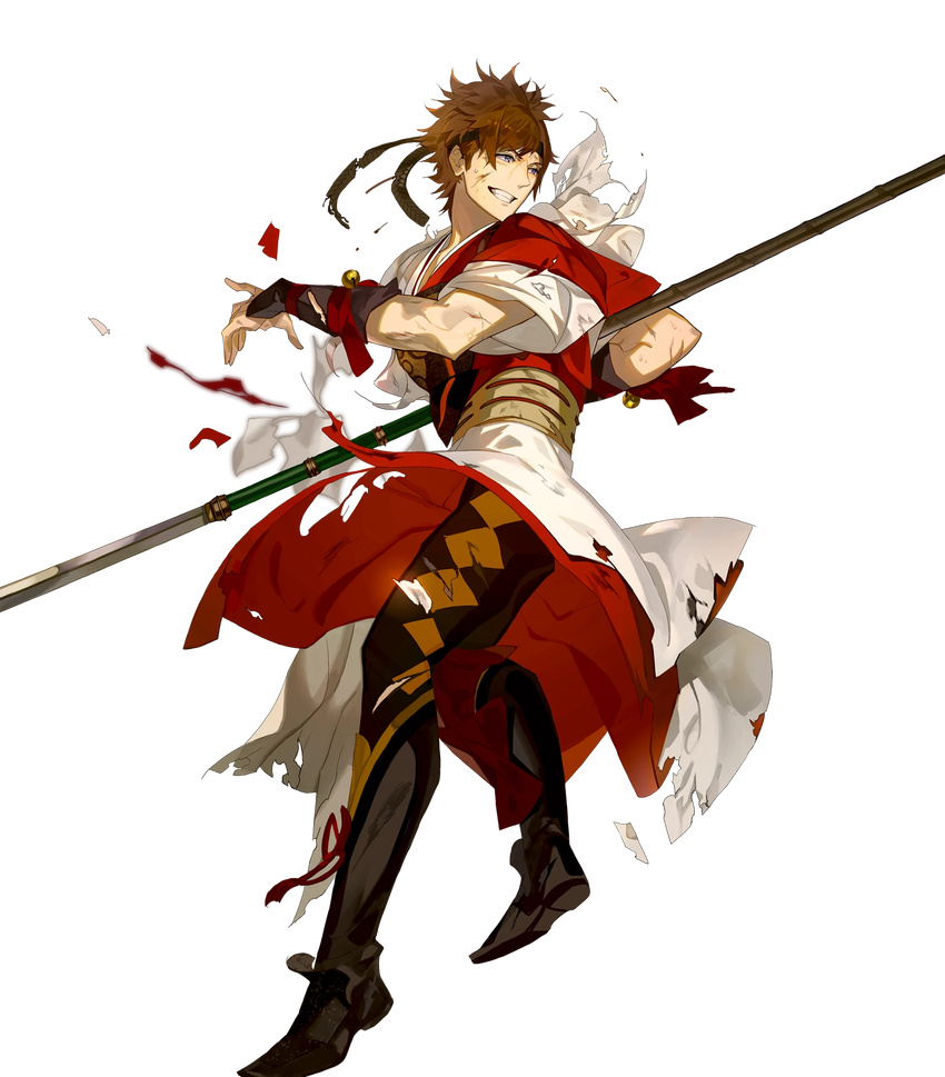 arai_teruko armor armored_boots back bell boots brown_hair fire_emblem fire_emblem_heroes fire_emblem_if full_body headband highres injury japanese_clothes male_focus naginata official_art polearm purple_eyes shinonome_(fire_emblem_if) solo teeth torn_clothes transparent_background weapon