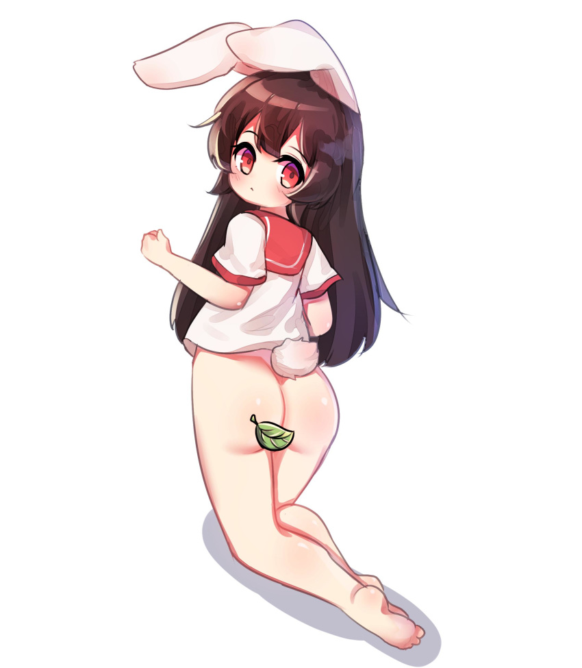 1girl absurdres animal_ears arm_up ass barefoot bottomless brown_hair bunny_ears bunny_tail censored clenched_hand feet from_behind full_body highres kneeling kosobin leaf legs long_hair looking_back original red_eyes school_uniform serafuku shirt simple_background soles solo tail toes white_background white_shirt