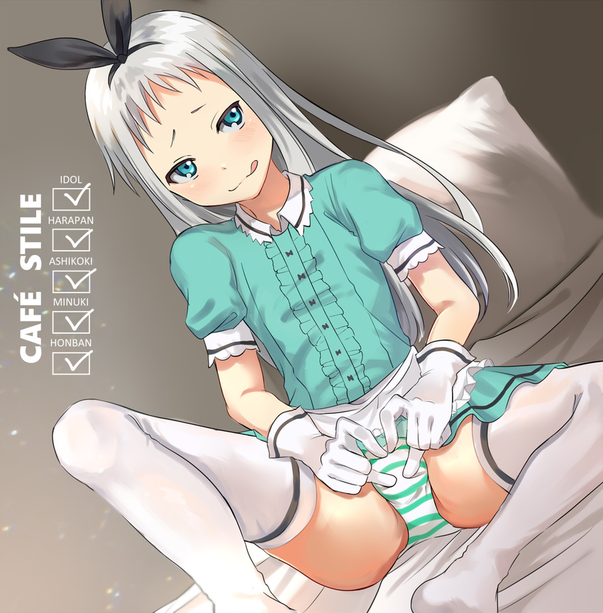 :p aqua_eyes bed bed_sheet black_hairband blend_s blush bulge checklist commentary_request crossdressing full_body gloves hairband half-closed_eyes heart highres idol kanzaki_hideri licking_lips long_hair looking_at_viewer looking_away maid no_shoes on_bed otoko_no_ko panties pillow presenting puffy_short_sleeves puffy_sleeves seductive_smile short_sleeves silver_hair smile spread_legs stile_uniform striped striped_panties takeume thighhighs tongue tongue_out underwear waitress white_gloves
