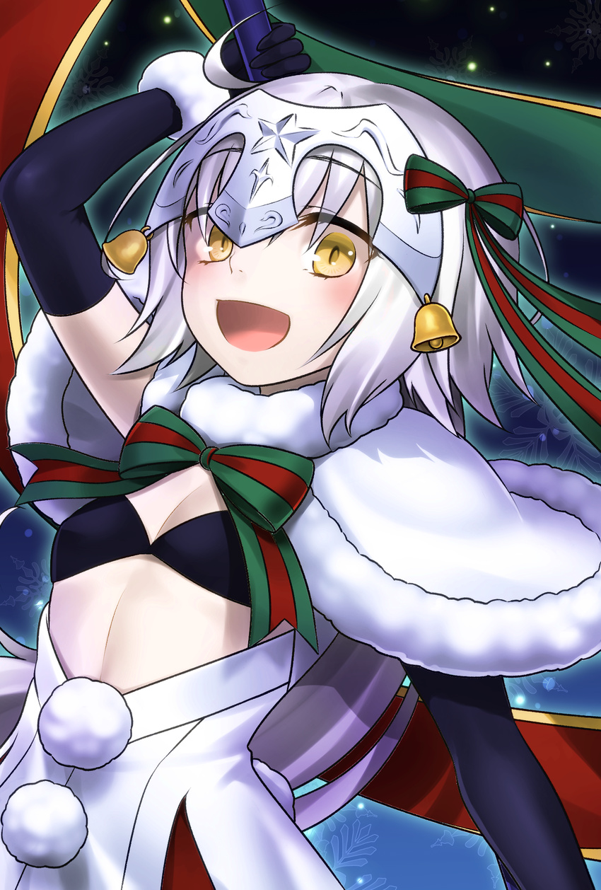 :d bell black_bra black_gloves bra capelet commentary_request elbow_gloves fate/grand_order fate_(series) flat_chest gloves headpiece highres holding jeanne_d'arc_(fate)_(all) jeanne_d'arc_alter_santa_lily long_hair looking_at_viewer nora_wanko open_mouth polearm silver_hair smile solo underwear weapon yellow_eyes