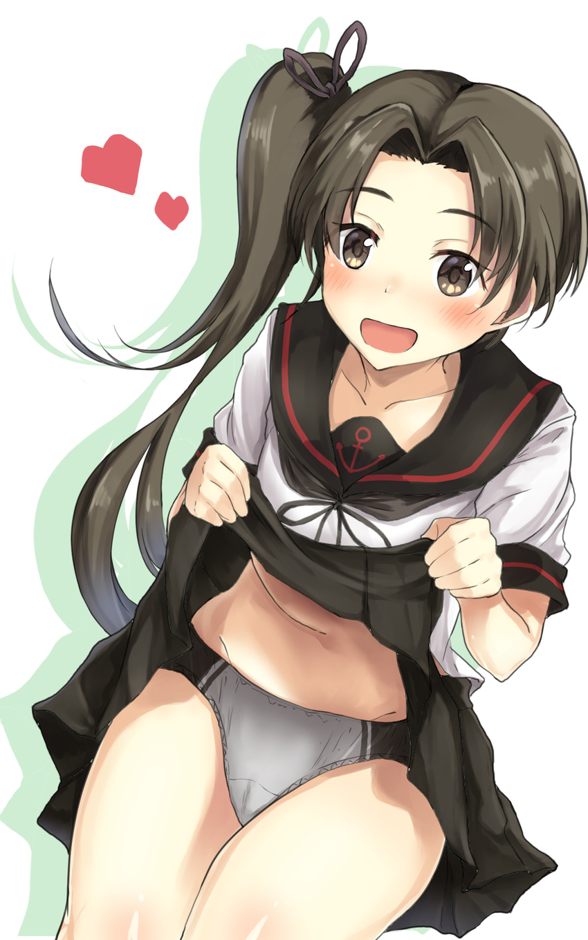 ayanami_(kantai_collection) bangs blush brown_eyes brown_hair collarbone commentary_request cowboy_shot eyebrows_visible_through_hair grey_panties hadron9 hair_ribbon heart highres holding_clothes kantai_collection lifted_by_self long_hair neckerchief open_mouth panties parted_bangs pleated_skirt remodel_(kantai_collection) ribbon sailor_collar school_uniform serafuku shadow side_ponytail skirt skirt_lift smile solo underwear very_long_hair white_background