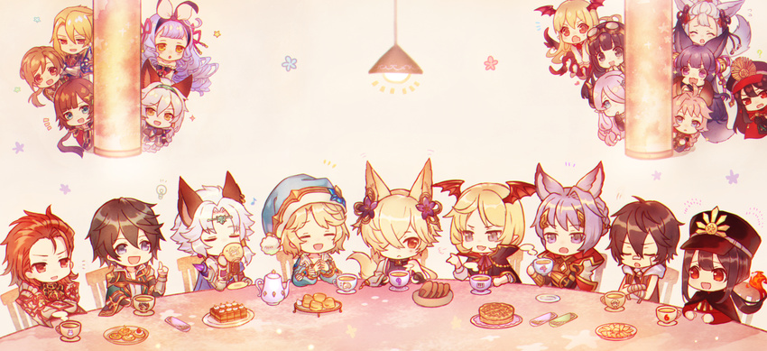 6+boys 6+girls :&lt; :3 :d :o animal_ears armor ayer bandage_on_face bandaged_arm bandages bangs bell black_hair black_hat blonde_hair blue_eyes blunt_bangs blush braid brother_and_sister brown_eyes brown_hair cain_(granblue_fantasy) cape chair character_request chibi circlet closed_eyes collarbone column commentary_request cookie cracker crossed_arms crossover cup draph drinking erune esser eyebrows_visible_through_hair fate/grand_order fate_(series) fiery_hair finger_to_mouth floating_hair food goggles goggles_on_head granblue_fantasy grey_hair hair_bell hair_between_eyes hair_ornament hair_over_one_eye hair_slicked_back hair_tubes hand_to_own_mouth hat head_wings heles horns index_finger_raised jessica_(granblue_fantasy) jingle_bell koha-ace kou_(granblue_fantasy) lamorak_(granblue_fantasy) lamp lavender_hair leona_(granblue_fantasy) light_bulb long_hair long_sleeves looking_at_another looking_at_viewer low_ponytail morphe_(granblue_fantasy) multiple_boys multiple_girls napkin narmaya_(granblue_fantasy) number oda_nobukatsu_(fate/grand_order) oda_nobunaga_(fate) open_mouth own_hands_together peeking_out percival_(granblue_fantasy) pillar plate pointy_ears purple_eyes purple_hair quatre_(granblue_fantasy) red_eyes senbei seruel shigaraki_(strobe_blue) shirt short_hair siblings silver_hair sitting smile socie_(granblue_fantasy) sparkle spikes steam table tail teacup teapot v-shaped_eyebrows v_arms vampy veight very_long_hair vetor_(granblue_fantasy) white_hair white_shirt yuel_(granblue_fantasy)
