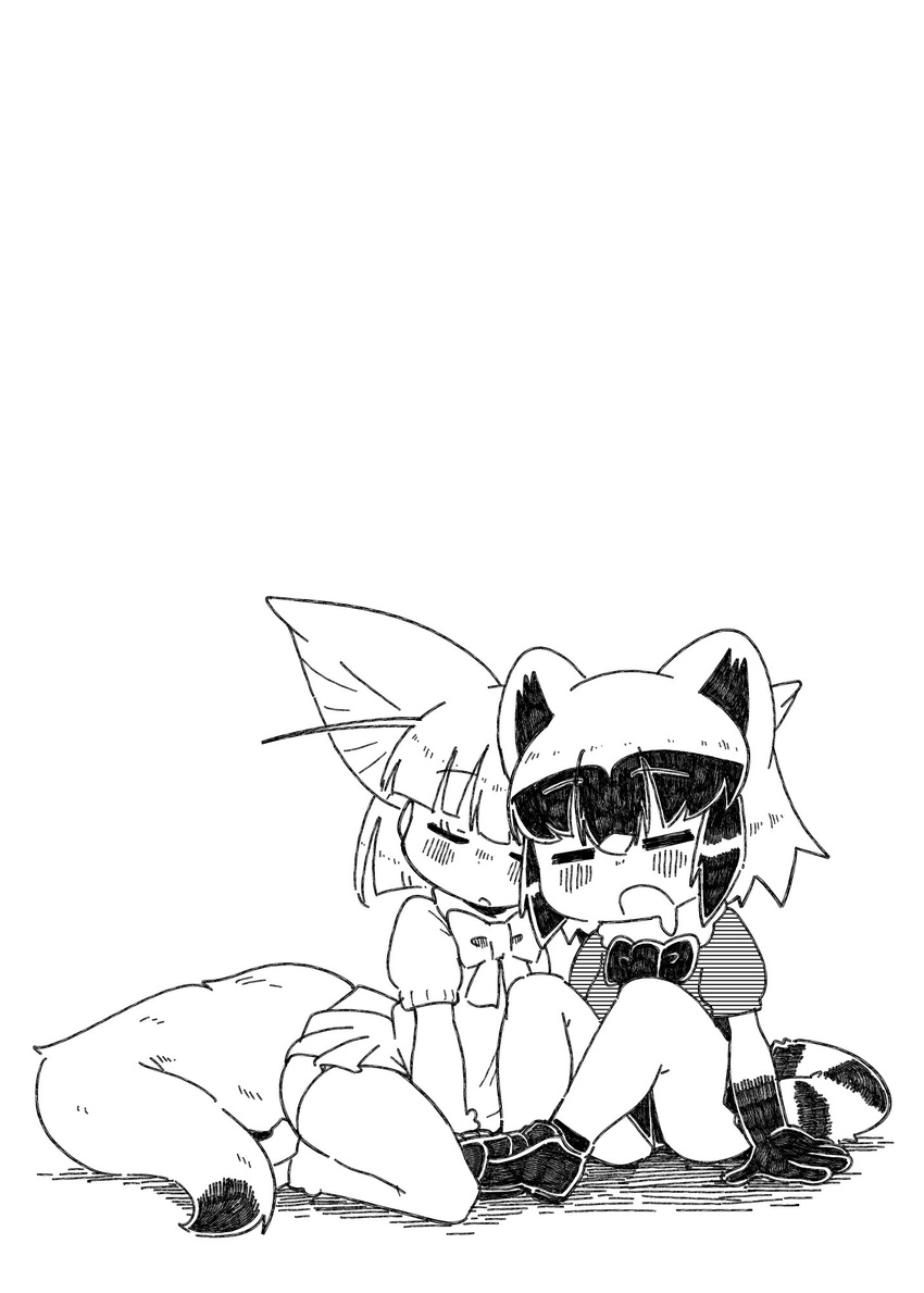 animal_ears bow bowtie commentary_request common_raccoon_(kemono_friends) fennec_(kemono_friends) fox_ears fox_tail fur_collar greyscale highres ino_(tellu0120) kemono_friends leaning_on_person monochrome multiple_girls raccoon_ears raccoon_tail short_hair simple_background sketch sleeping tail white_background