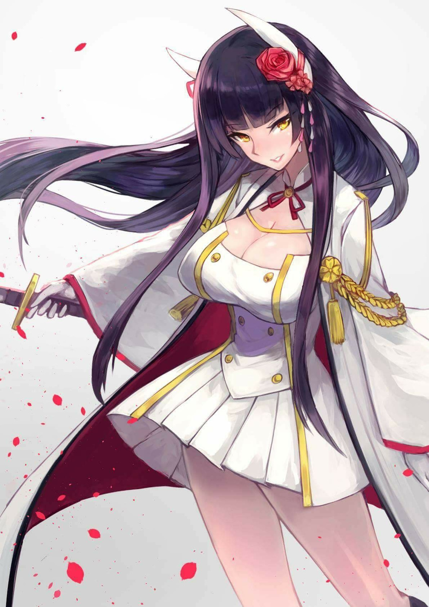 aiguillette azur_lane bangs black_hair blunt_bangs blush breasts cleavage cleavage_cutout commentary_request cowboy_shot floating_hair flower gloves hiei_(azur_lane) highres horns katana large_breasts long_hair long_sleeves looking_at_viewer military military_uniform miniskirt parted_lips petals pleated_skirt red_flower red_rose rose rose_petals sawawse skirt smile solo sword uniform very_long_hair weapon white_gloves white_skirt wide_sleeves yellow_eyes