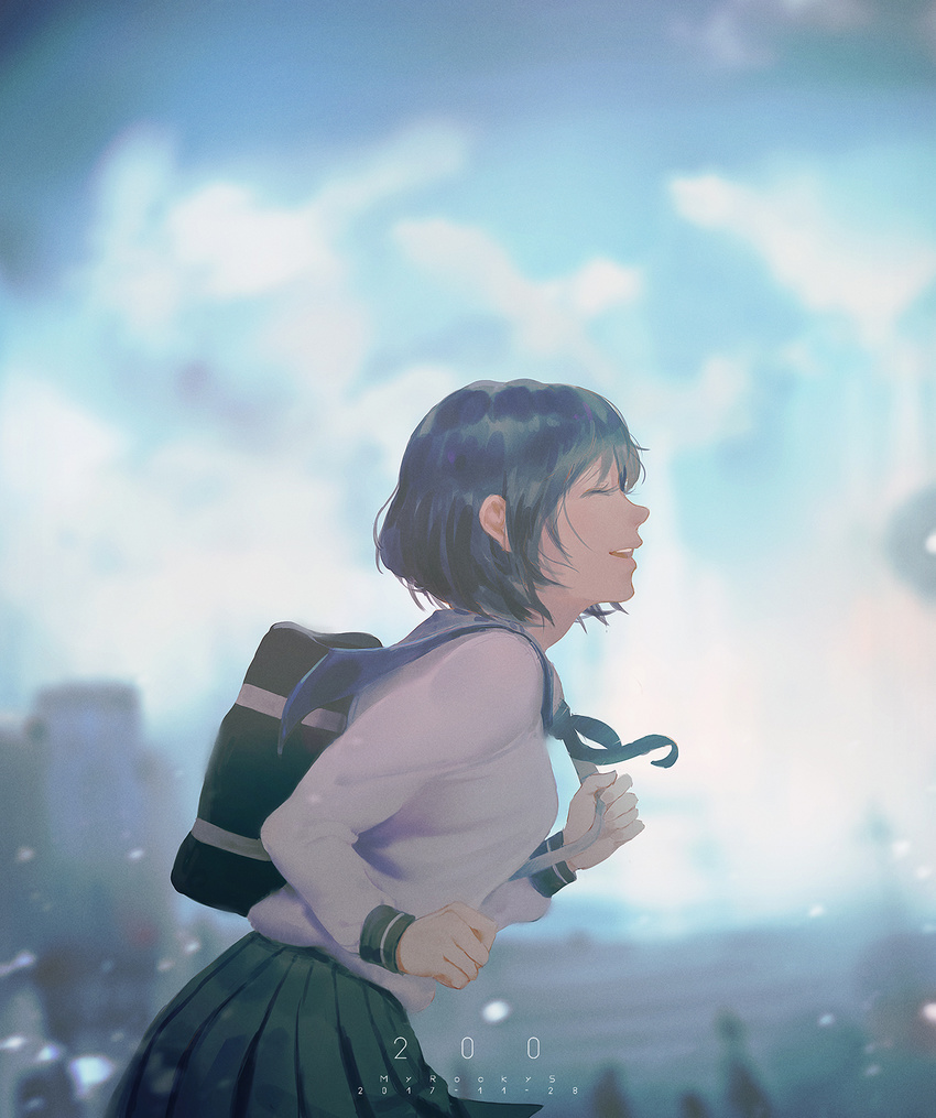 artist_name backlighting bag black_hair blurry building city closed_eyes cloud dated day depth_of_field eyelashes happy highres open_mouth original pleated_skirt profile running school_bag school_uniform serafuku short_hair skirt sky solo upper_body wudi_sao_nian