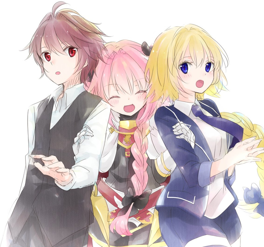 2boys :d :o ahoge armor armored_dress astolfo_(fate) bangs black_pants black_ribbon black_skirt blonde_hair blush blush_stickers braid breasts brown_hair cape cloak closed_eyes commentary eyebrows_visible_through_hair fangs fate/apocrypha fate_(series) fur_trim gauntlets hair_between_eyes hair_ornament hair_ribbon hands_on_another's_arms hug hug_from_behind jacket jeanne_d'arc_(fate) jeanne_d'arc_(fate)_(all) large_breasts locked_arms long_braid long_hair long_sleeves looking_back miyama_rikka multicolored_hair multiple_boys necktie open_clothes open_jacket open_mouth otoko_no_ko pants pink_hair purple_eyes purple_jacket purple_legwear purple_neckwear purple_ribbon purple_shorts red_eyes ribbon sandwiched shirt short_hair short_shorts shorts sieg_(fate/apocrypha) single_braid skirt smile thighhighs thighs turtleneck two-tone_hair uniform very_long_hair waistcoat white_cape white_cloak white_shirt