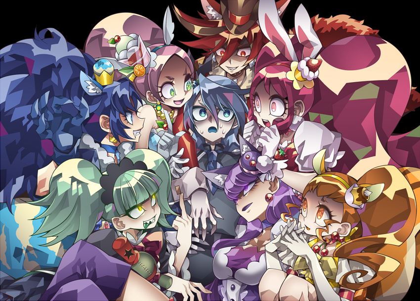 6+girls :d animal_ears arisugawa_himari bangs biburi_(precure) black_background black_hairband black_shirt blue_eyes blue_gloves blue_hair blue_neckwear blue_tongue boots brown_eyes brown_hair brown_hat bunny_ears cake_hair_ornament cat_ears choker clenched_teeth crossed_legs crown cure_chocolat cure_custard cure_gelato cure_macaron cure_parfait cure_whip doll earrings extra_ears fang food_themed_hair_ornament gloves glowing glowing_eyes green_eyes green_hair green_tongue grin hair_ornament hairband hands_together hat jewelry julio_(precure) kenjou_akira kirahoshi_ciel kirakira_precure_a_la_mode kotozume_yukari lion_ears long_hair looking_at_another macaron_hair_ornament magical_girl middle_finger mini_crown multiple_girls nervous ninomae open_mouth pink_hair ponytail precure purple_eyes purple_footwear purple_hair red_eyes red_hair red_hat sharp_teeth shirt short_hair simple_background smile squirrel_ears squirrel_tail sweat swept_bangs tail tategami_aoi teeth thigh_boots thighhighs tongue top_hat twintails usami_ichika white_gloves wide-eyed yellow_eyes