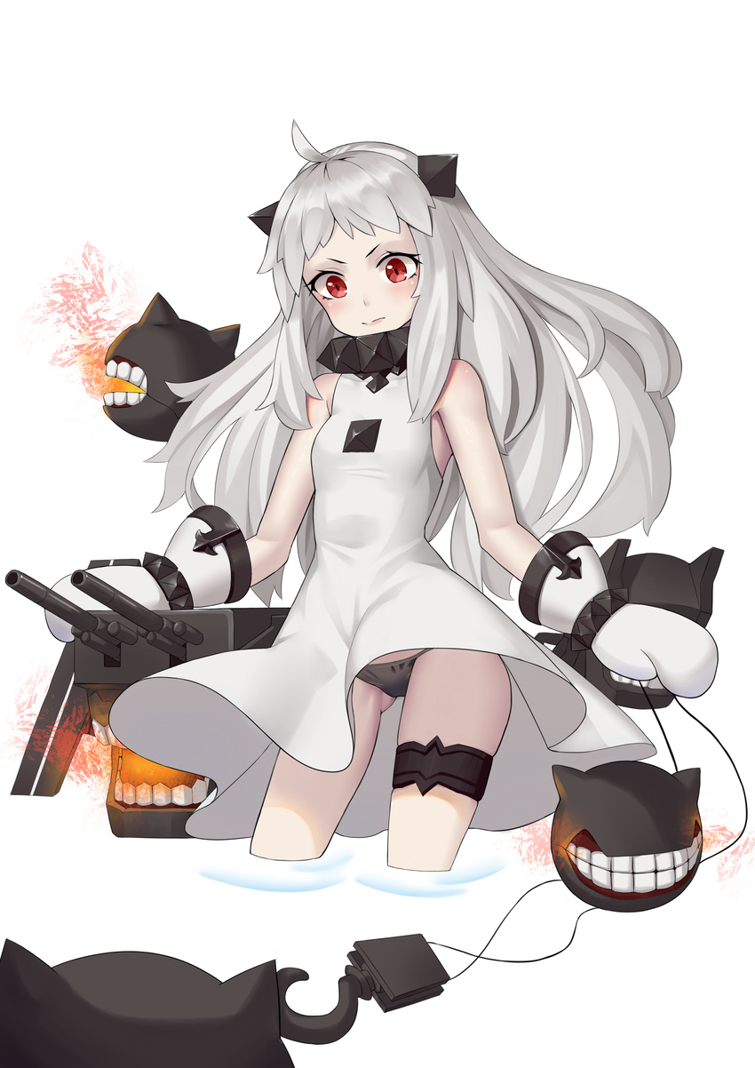 3: absurdres ahoge black_panties commentary_request dress enemy_aircraft_(kantai_collection) highres horns kantai_collection long_hair looking_at_viewer machinery mittens northern_ocean_hime pale_skin panties pantyshot pantyshot_(standing) red_eyes shallow_water shinkaisei-kan simple_background standing turret underwear v-shaped_eyebrows white_background white_dress white_hair xian_yu_zhanshi