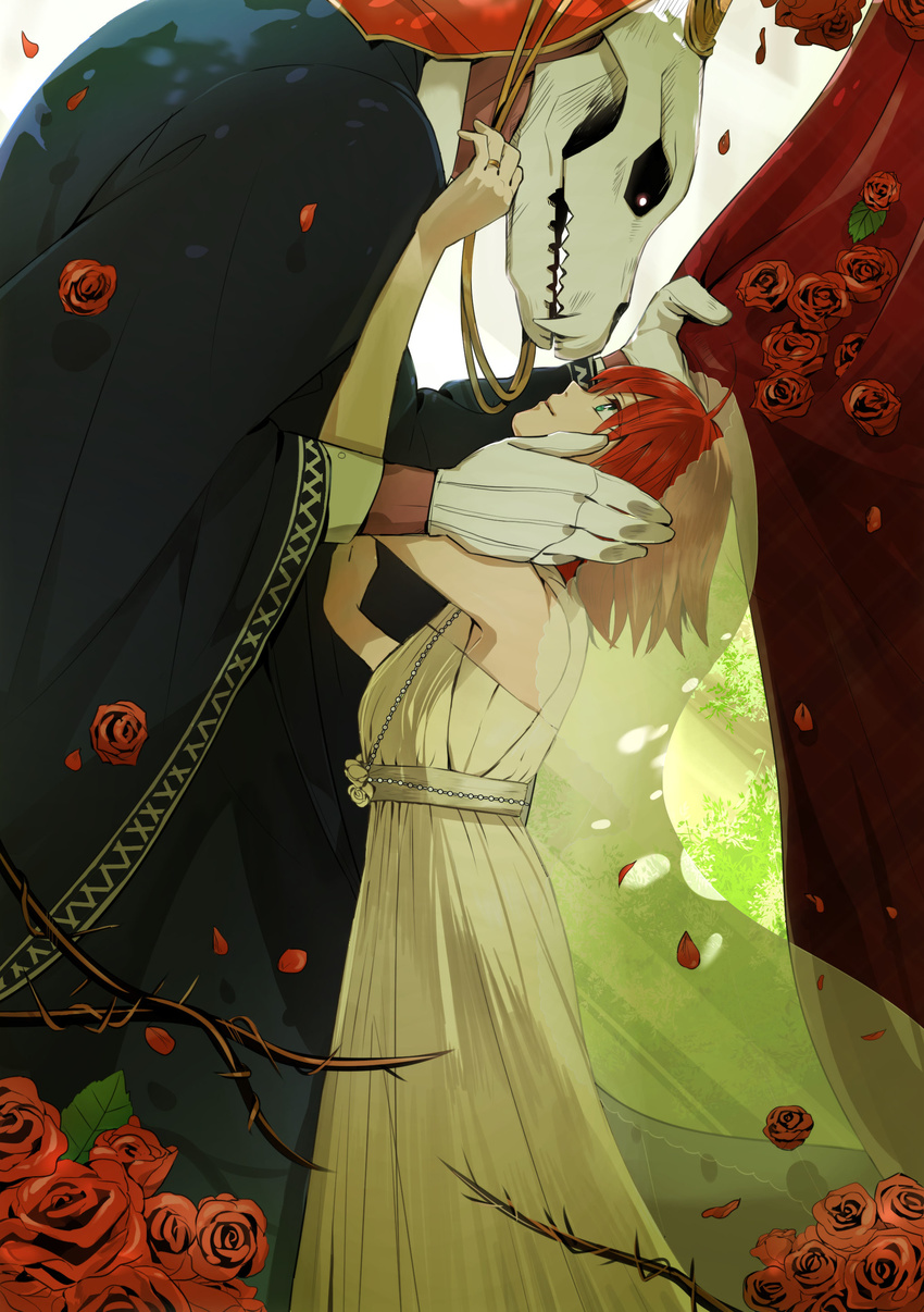 couple dress duo ellias_ainsworth flower fujiharu_(akamine) gloves hand_on_another's_cheek hatori_chise highres looking_at_another mahou_tsukai_no_yome red_hair rose skull thorns