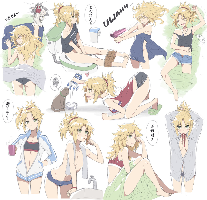 absurdres alternate_hairstyle bare_shoulders barefoot black_panties blonde_hair blue_towel bowl breasts brushing_teeth cat cup drying drying_hair fate/apocrypha fate_(series) faucet green_eyes grey_towel hair_down hair_dryer hand_on_own_stomach highres jacket jewelry lying milk milk_carton mordred_(fate) mordred_(fate)_(all) mug naked_towel navel necklace on_stomach open_clothes open_fly open_jacket open_shirt open_track_jacket panties pet_bowl red_panties rubbing_eyes shirt shorts sleep_mask slippers small_breasts speech_bubble spoken_squiggle sports_bra squiggle toilet_paper toilet_use tonee topless towel towel_around_neck track_jacket underwear waking_up white_shirt