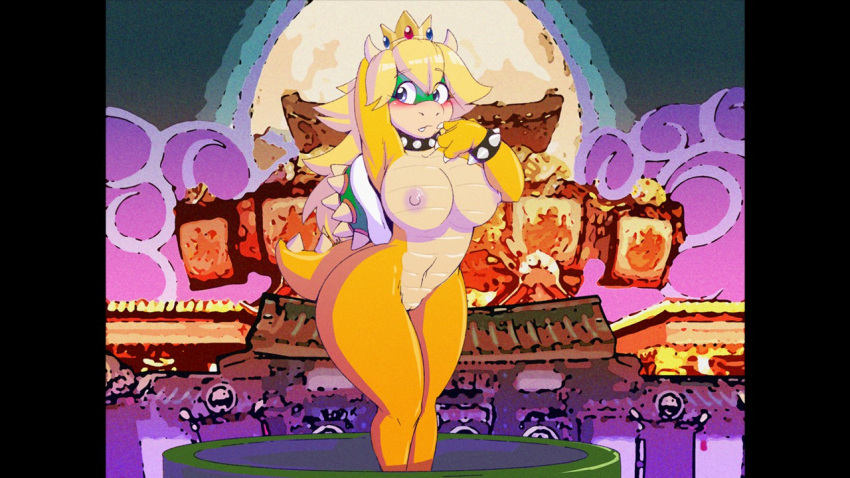 2019 alternate_species anthro barely_visible_genitalia barely_visible_pussy blonde_hair blue_eyes blush bracelet breasts choker collar crown dracojeff female hair jewelry koopa looking_aside mario_bros multicolored_scales navel nintendo nipples nude pink_areola pink_nipples princess_peach pussy scales scalie solo spiked_bracelet spiked_choker spiked_collar spiked_shell spikes standing two_tone_scales video_games voluptuous wide_hips