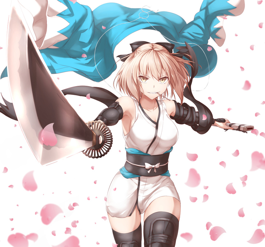 black_legwear black_ribbon blonde_hair breasts cherry_blossoms cleavage collarbone cowboy_shot detached_sleeves eyebrows_visible_through_hair fate/grand_order fate_(series) foreshortening grin hair_between_eyes hair_ribbon holding holding_sheath holding_sword holding_weapon japanese_clothes katana kimono looking_at_viewer medium_breasts mouth_hold obi okita_souji_(fate) okita_souji_(fate)_(all) ribbon sakaokasan sash sheath short_hair short_kimono sleeveless sleeveless_kimono smile solo standing sword thighhighs weapon white_background white_kimono yellow_eyes