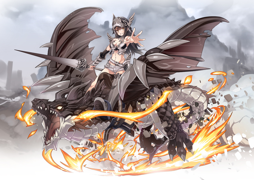 :d bare_shoulders black_hair breasts brown_eyes cleavage dragon fire helmet holding holding_weapon lance long_hair looking_at_viewer medium_breasts midriff mountain navel nyoro_(nyoronyoro000) open_mouth original polearm riding sharp_teeth shorts smile solo teeth weapon