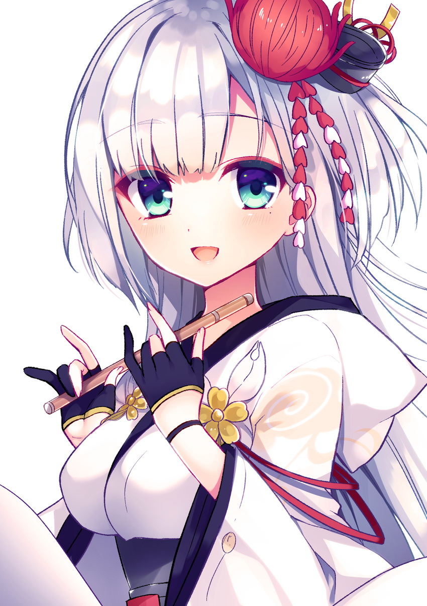 :d azur_lane bangs black_gloves blush breasts eyebrows_visible_through_hair flower flute gloves hair_flower hair_ornament highres holding holding_instrument instrument long_hair long_sleeves looking_at_viewer medium_breasts mole mole_under_eye open_mouth partly_fingerless_gloves sash shoukaku_(azur_lane) smile solo tareme underbust upper_body wide_sleeves ytuorvi