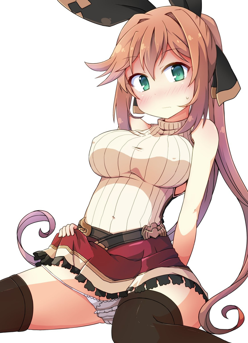 aqua_eyes black_legwear black_ribbon blush breasts brown_hair cameltoe clarisse_(granblue_fantasy) closed_mouth commentary_request covered_nipples granblue_fantasy green_eyes hair_ribbon highres large_breasts long_hair looking_at_viewer nose_blush orange_hair panties panty_pull ponytail ribbon simple_background skirt sleeveless solo thighhighs turtleneck underwear white_background white_panties yuuhi_alpha