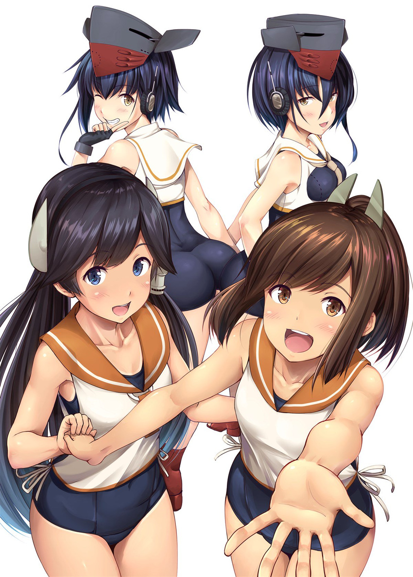 :d ;d antennae ass ass-to-ass bangs bare_arms bare_shoulders black_gloves black_hat black_swimsuit blue_eyes blue_hair blush breasts brown_eyes brown_hair cleavage collarbone cowboy_shot crop_top fingerless_gloves framed_breasts gloves grin hair_between_eyes hat headgear highres holding_hands i-13_(kantai_collection) i-14_(kantai_collection) i-400_(kantai_collection) i-401_(kantai_collection) ichikawa_feesu index_finger_raised kantai_collection long_hair looking_at_viewer multiple_girls one-piece_swimsuit one-piece_tan one_eye_closed open_mouth outstretched_arm palms ponytail reaching_out round_teeth sailor_collar school_swimsuit shirt short_hair sidelocks simple_background single_sidelock sleeveless sleeveless_shirt small_breasts smile standing swept_bangs swimsuit tan tanline tareme teeth very_long_hair white_background white_shirt