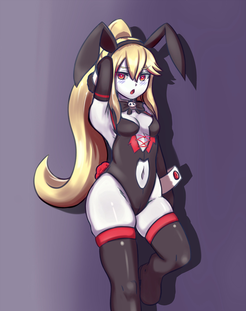 alternate_costume animal_ears armpits black_gloves black_legwear blonde_hair bow bowtie breasts bunny_ears chestnut_mouth commentary elbow_gloves eyebrows_visible_through_hair fake_animal_ears gloves gradient gradient_background hairband highres long_hair looking_at_viewer medium_breasts monster_girl_encyclopedia nav navel navel_cutout pale_skin ponytail purple_background red_eyes skindentation solo thighhighs very_long_hair wight_(monster_girl_encyclopedia) wrist_cuffs